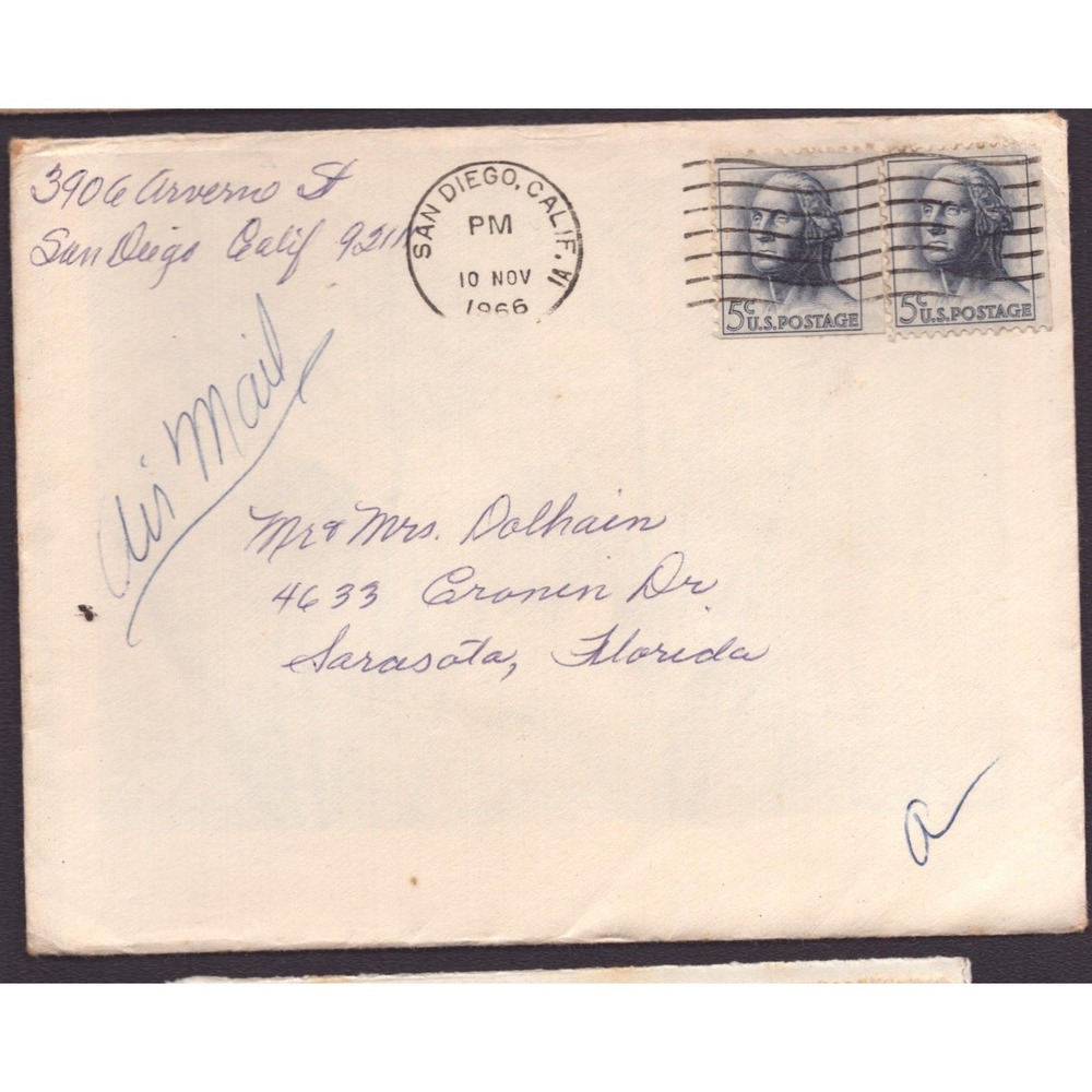 1966 Air Mail Cover San Diego CA to Sarasota FL 5c Washington Coil Pair - Picture 1 of 2